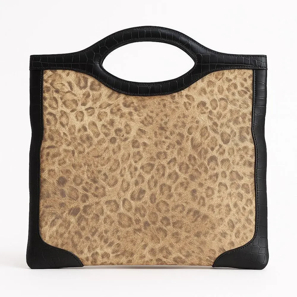 Donald J Pliner Couture Leopard Print Handbag Croc Embossed Leather Trim Italy